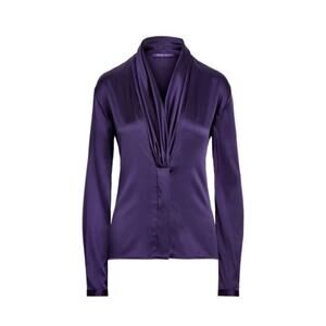 Ralph Lauren Collection Purple Label Silk Satin Blouse Plunge Shawl Collar XS S